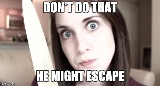 Overly Attached Girlfriend Knife | DON'T DO THAT HE MIGHT ESCAPE | image tagged in overly attached girlfriend knife | made w/ Imgflip meme maker