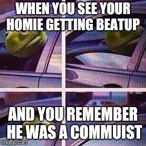 kermit car window | WHEN YOU SEE YOUR HOMIE GETTING BEATUP; AND YOU REMEMBER HE WAS A COMMUIST | image tagged in kermit car window | made w/ Imgflip meme maker