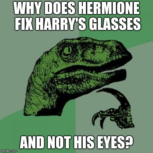 that's the question, isn't it | WHY DOES HERMIONE FIX HARRY'S GLASSES; AND NOT HIS EYES? | image tagged in memes,philosoraptor,harry potter,funny,repost | made w/ Imgflip meme maker