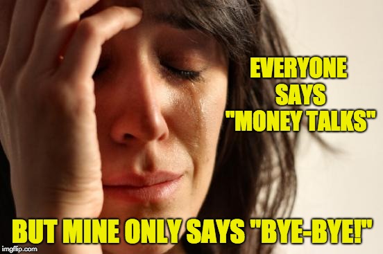 First World Problems Meme | EVERYONE SAYS "MONEY TALKS"; BUT MINE ONLY SAYS "BYE-BYE!" | image tagged in memes,first world problems | made w/ Imgflip meme maker