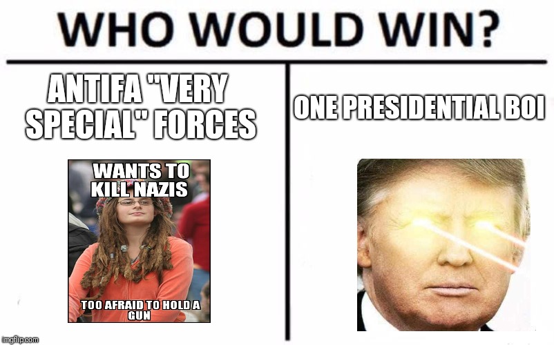 Who Would Win? | ANTIFA "VERY SPECIAL" FORCES; ONE PRESIDENTIAL BOI | image tagged in memes,who would win | made w/ Imgflip meme maker
