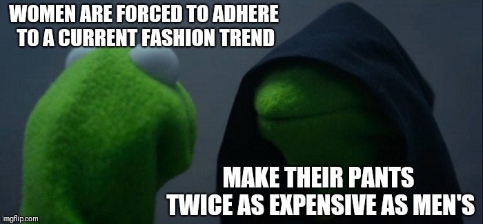 Evil Kermit Meme | WOMEN ARE FORCED TO ADHERE TO A CURRENT FASHION TREND; MAKE THEIR PANTS TWICE AS EXPENSIVE AS MEN'S | image tagged in memes,evil kermit | made w/ Imgflip meme maker