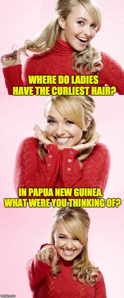 Hayden Red Pun | WHERE DO LADIES HAVE THE CURLIEST HAIR? IN PAPUA NEW GUINEA.  WHAT WERE YOU THINKING OF? | image tagged in hayden red pun | made w/ Imgflip meme maker