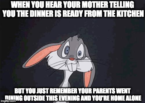 bugs bunny crazy face | WHEN YOU HEAR YOUR MOTHER TELLING YOU THE DINNER IS READY FROM THE KITCHEN; BUT YOU JUST REMEMBER YOUR PARENTS WENT DINING OUTSIDE THIS EVENING AND YOU'RE HOME ALONE | image tagged in bugs bunny crazy face | made w/ Imgflip meme maker