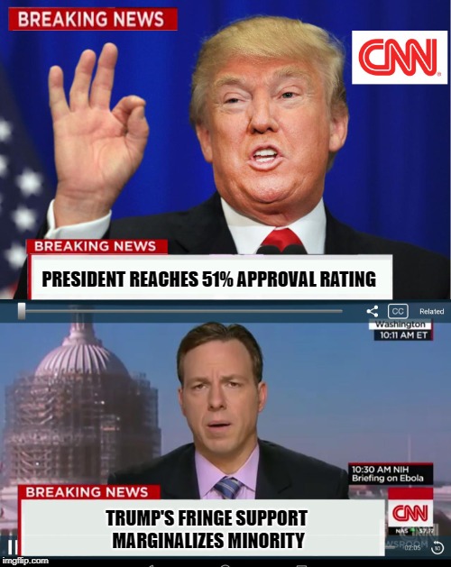 In a Democracy the Majority Rules, Unless... | PRESIDENT REACHES 51% APPROVAL RATING; TRUMP'S FRINGE SUPPORT MARGINALIZES MINORITY | image tagged in cnn spins trump news | made w/ Imgflip meme maker