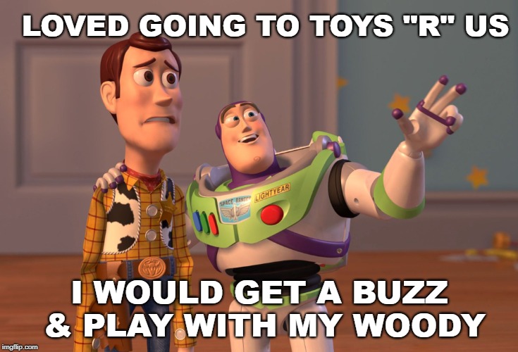 X, X Everywhere | LOVED GOING TO TOYS "R" US; I WOULD GET A BUZZ & PLAY WITH MY WOODY | image tagged in memes,x x everywhere | made w/ Imgflip meme maker