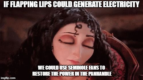 IF FLAPPING LIPS COULD GENERATE ELECTRICITY; WE COULD USE SEMINOLE FANS TO RESTORE THE POWER IN THE PANHANDLE | image tagged in flapping lips | made w/ Imgflip meme maker