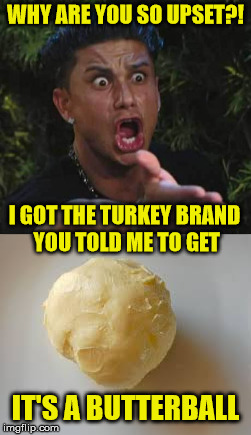Ronnie Ruins Thanksgiving | WHY ARE YOU SO UPSET?! I GOT THE TURKEY BRAND      YOU TOLD ME TO GET; IT'S A BUTTERBALL | image tagged in jersey shore,memes,happy thanksgiving,butter,turkey | made w/ Imgflip meme maker