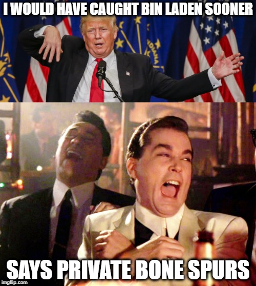 Mocking our Hero's AGAIN | I WOULD HAVE CAUGHT BIN LADEN SOONER; SAYS PRIVATE BONE SPURS | image tagged in memes,good fellas hilarious,trump limp,funny,maga | made w/ Imgflip meme maker