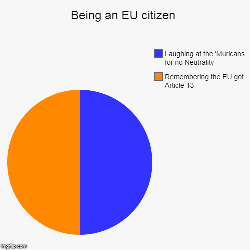 Being an EU citizen | Remembering the EU got Article 13, Laughing at the 'Muricans for no Neutrality | image tagged in funny,pie charts | made w/ Imgflip chart maker