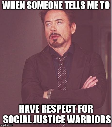 Face You Make Robert Downey Jr Meme | WHEN SOMEONE TELLS ME TO; HAVE RESPECT FOR SOCIAL JUSTICE WARRIORS | image tagged in memes,face you make robert downey jr | made w/ Imgflip meme maker