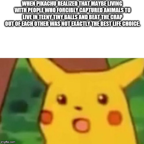 Surprised Pikachu Meme | WHEN PIKACHU REALIZED THAT MAYBE LIVING WITH PEOPLE WHO FORCIBLY CAPTURED ANIMALS TO LIVE IN TEENY TINY BALLS AND BEAT THE CRAP OUT OF EACH OTHER WAS NOT EXACTLY THE BEST LIFE CHOICE. | image tagged in memes,surprised pikachu | made w/ Imgflip meme maker