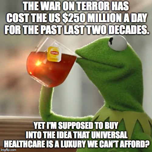 But That's None Of My Business Meme | THE WAR ON TERROR HAS COST THE US $250 MILLION A DAY FOR THE PAST LAST TWO DECADES. YET I'M SUPPOSED TO BUY INTO THE IDEA THAT UNIVERSAL HEALTHCARE IS A LUXURY WE CAN'T AFFORD? | image tagged in memes,but thats none of my business,kermit the frog,healthcare,war on terror,george bush | made w/ Imgflip meme maker