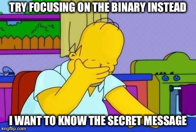 OMG homer | TRY FOCUSING ON THE BINARY INSTEAD I WANT TO KNOW THE SECRET MESSAGE | image tagged in omg homer | made w/ Imgflip meme maker