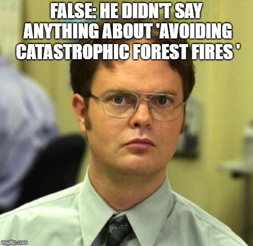 False | FALSE: HE DIDN'T SAY ANYTHING ABOUT 'AVOIDING CATASTROPHIC FOREST FIRES ' | image tagged in false | made w/ Imgflip meme maker