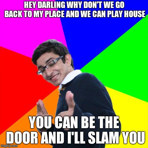 Subtle Pickup Liner | HEY DARLING WHY DON'T WE GO BACK TO MY PLACE AND WE CAN PLAY HOUSE; YOU CAN BE THE DOOR AND I'LL SLAM YOU | image tagged in memes,subtle pickup liner | made w/ Imgflip meme maker