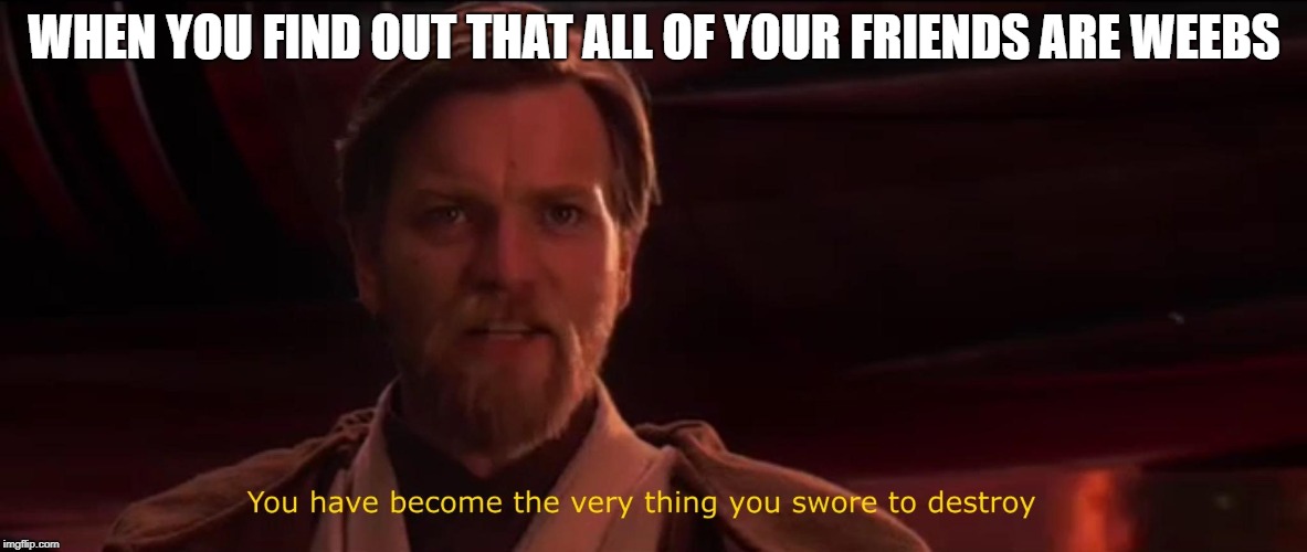 You have become the very thing you swore to destroy | WHEN YOU FIND OUT THAT ALL
OF YOUR FRIENDS ARE WEEBS | image tagged in you have become the very thing you swore to destroy | made w/ Imgflip meme maker