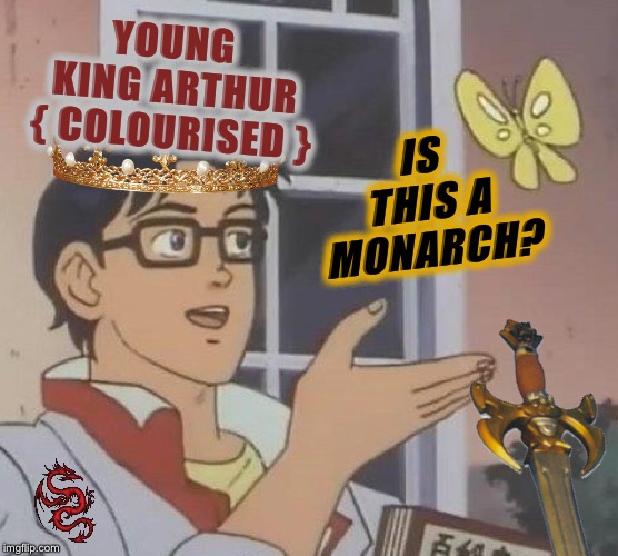 YOUNG KING ARTHUR { COLOURISED }; IS THIS A MONARCH? | image tagged in is this a pigeon,king arthur,palaxote | made w/ Imgflip meme maker