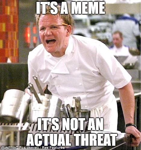 Chef Gordon Ramsay Meme | IT'S A MEME IT'S NOT AN ACTUAL THREAT | image tagged in memes,chef gordon ramsay | made w/ Imgflip meme maker