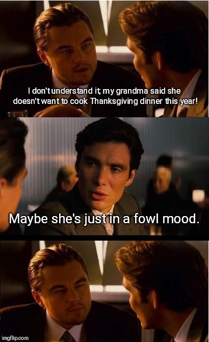Inception Meme | I don't understand it; my grandma said she doesn't want to cook Thanksgiving dinner this year! Maybe she's just in a fowl mood. | image tagged in memes,inception,thanksgiving,humor | made w/ Imgflip meme maker