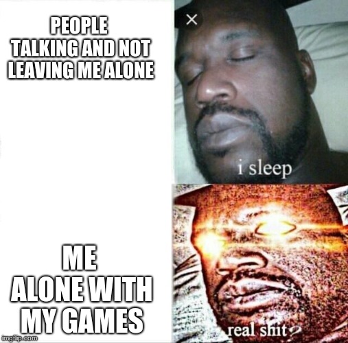 Sleeping Shaq Meme | PEOPLE TALKING AND NOT LEAVING ME ALONE; ME ALONE WITH MY GAMES | image tagged in memes,sleeping shaq | made w/ Imgflip meme maker