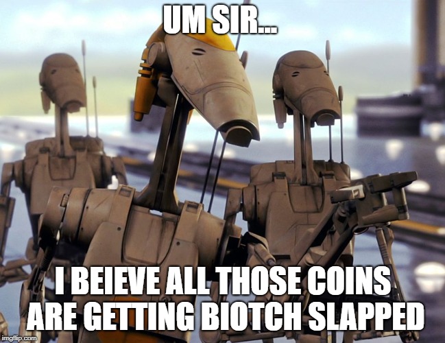 Battle Droid Pointing | UM SIR... I BEIEVE ALL THOSE COINS ARE GETTING BIOTCH SLAPPED | image tagged in battle droid pointing | made w/ Imgflip meme maker