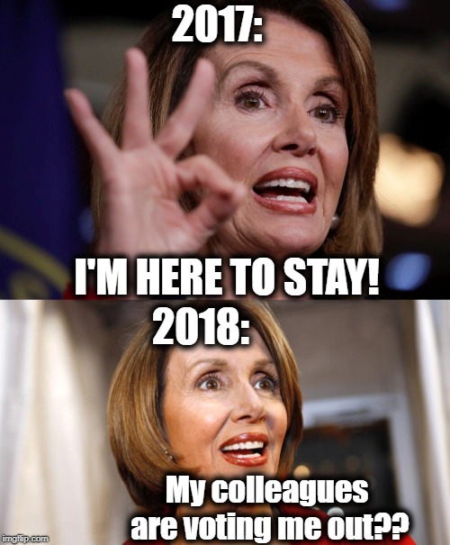 Poor Nancy Pelosi | 2017:; I'M HERE TO STAY! 2018:; My colleagues are voting me out?? | image tagged in mutiny,democratic party is chaos | made w/ Imgflip meme maker