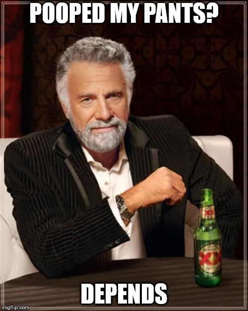 The Most Interesting Man In The World Meme | POOPED MY PANTS? DEPENDS | image tagged in memes,the most interesting man in the world | made w/ Imgflip meme maker