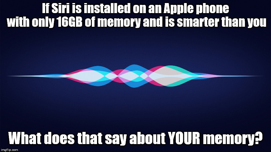 siri | If Siri is installed on an Apple phone with only 16GB of memory and is smarter than you What does that say about YOUR memory? | image tagged in siri | made w/ Imgflip meme maker