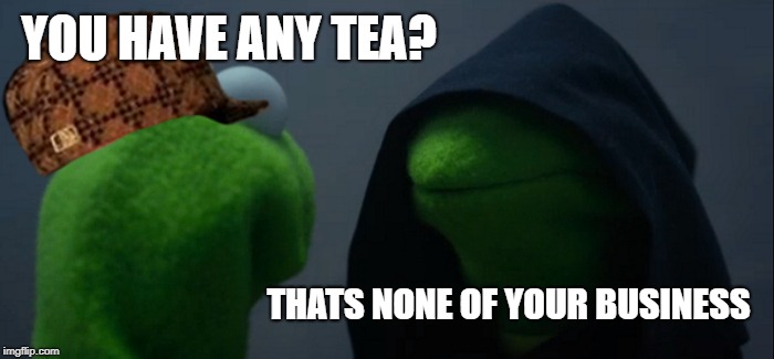 Evil Kermit Meme | YOU HAVE ANY TEA? THATS NONE OF YOUR BUSINESS | image tagged in memes,evil kermit,scumbag | made w/ Imgflip meme maker