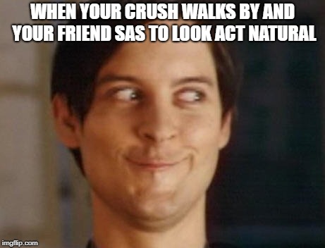 Spiderman Peter Parker Meme | WHEN YOUR CRUSH WALKS BY AND YOUR FRIEND SAS TO LOOK ACT NATURAL | image tagged in memes,spiderman peter parker | made w/ Imgflip meme maker
