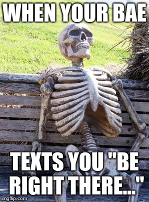 Waiting Skeleton Meme | WHEN YOUR BAE; TEXTS YOU "BE RIGHT THERE..." | image tagged in memes,waiting skeleton | made w/ Imgflip meme maker