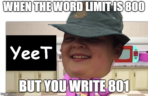 Yeet | WHEN THE WORD LIMIT IS 800; BUT YOU WRITE 801 | image tagged in school | made w/ Imgflip meme maker