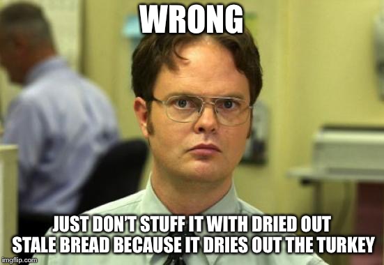 Dwight Schrute Meme | WRONG JUST DON’T STUFF IT WITH DRIED OUT STALE BREAD BECAUSE IT DRIES OUT THE TURKEY | image tagged in memes,dwight schrute | made w/ Imgflip meme maker