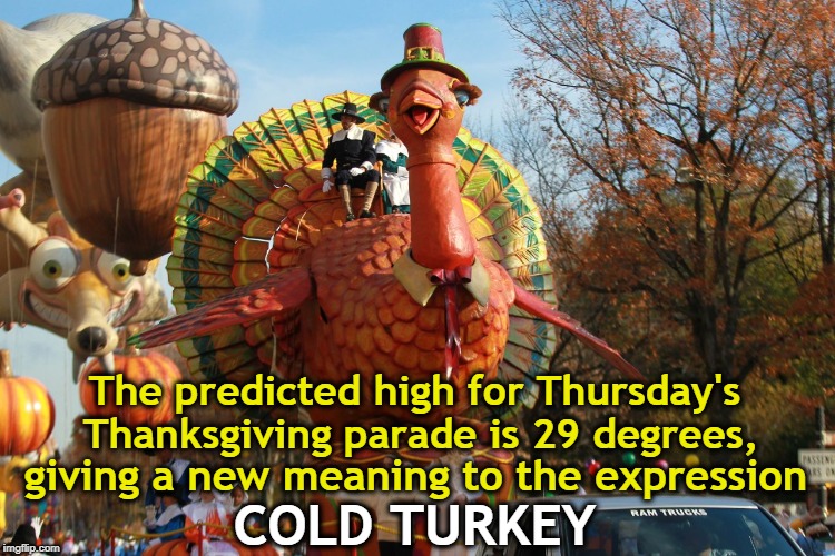 . | The predicted high for Thursday's Thanksgiving parade is 29 degrees, giving a new meaning to the expression; COLD TURKEY | image tagged in thanksgiving,parade,turkey | made w/ Imgflip meme maker