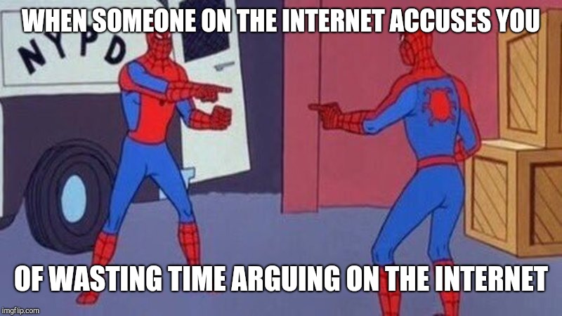 spiderman pointing at spiderman | WHEN SOMEONE ON THE INTERNET ACCUSES YOU; OF WASTING TIME ARGUING ON THE INTERNET | image tagged in spiderman pointing at spiderman | made w/ Imgflip meme maker