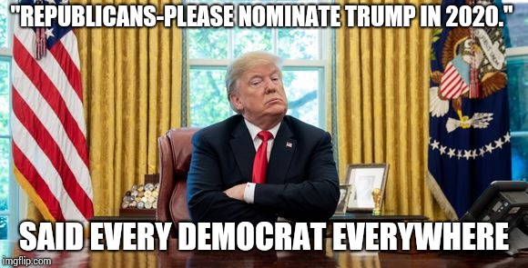 Trump pouty face #27 | "REPUBLICANS-PLEASE NOMINATE TRUMP IN 2020."; SAID EVERY DEMOCRAT EVERYWHERE | image tagged in trump pouty face 27 | made w/ Imgflip meme maker