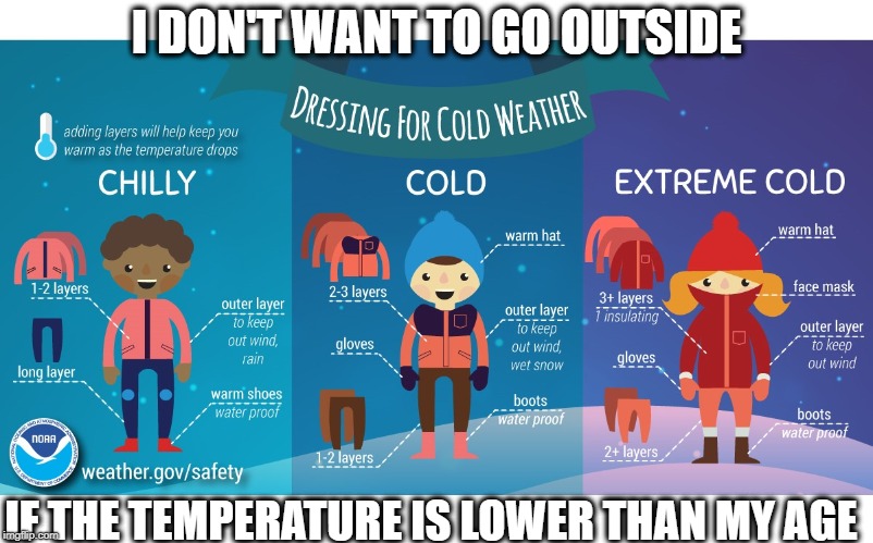 Dressing for cold weather | I DON'T WANT TO GO OUTSIDE; IF THE TEMPERATURE IS LOWER THAN MY AGE | image tagged in chilly,cold,extreme cold,temperature is lower than my age | made w/ Imgflip meme maker