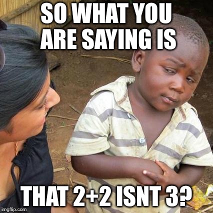 Third World Skeptical Kid | SO WHAT YOU ARE SAYING IS; THAT 2+2 ISNT 3? | image tagged in memes,third world skeptical kid | made w/ Imgflip meme maker