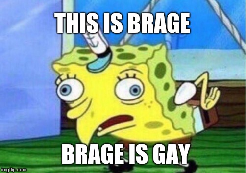 that boy brage | THIS IS BRAGE; BRAGE IS GAY | image tagged in memes,mocking spongebob,that boi brage | made w/ Imgflip meme maker