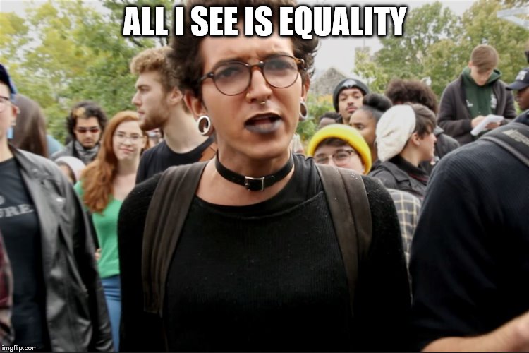 SJW thing1 | ALL I SEE IS EQUALITY | image tagged in sjw thing1 | made w/ Imgflip meme maker