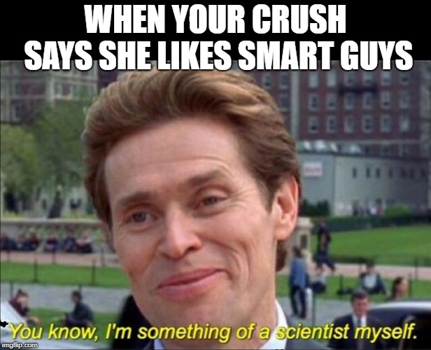 You know, I'm something of a scientist myself | WHEN YOUR CRUSH SAYS SHE LIKES SMART GUYS | image tagged in you know i'm something of a scientist myself | made w/ Imgflip meme maker