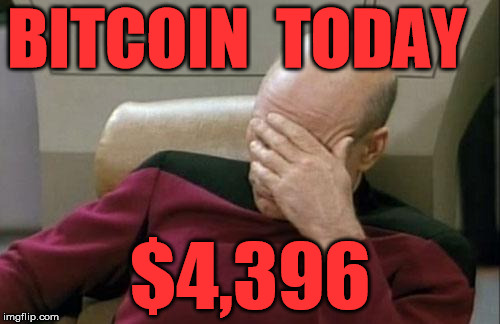 Captain Picard Facepalm Meme | BITCOIN  TODAY; $4,396 | image tagged in memes,captain picard facepalm | made w/ Imgflip meme maker