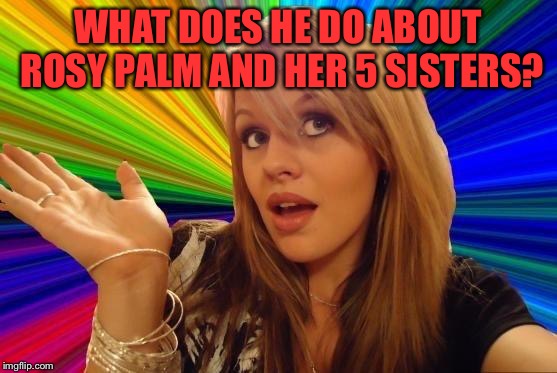 Dumb Blonde Meme | WHAT DOES HE DO ABOUT ROSY PALM AND HER 5 SISTERS? | image tagged in memes,dumb blonde | made w/ Imgflip meme maker