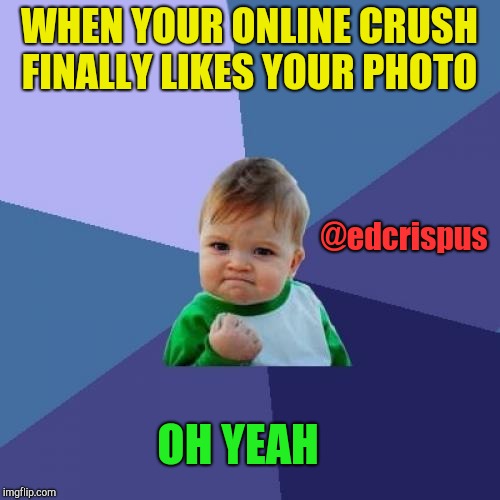 Success Kid | WHEN YOUR ONLINE CRUSH FINALLY LIKES YOUR PHOTO; @edcrispus; OH YEAH | image tagged in memes,success kid | made w/ Imgflip meme maker