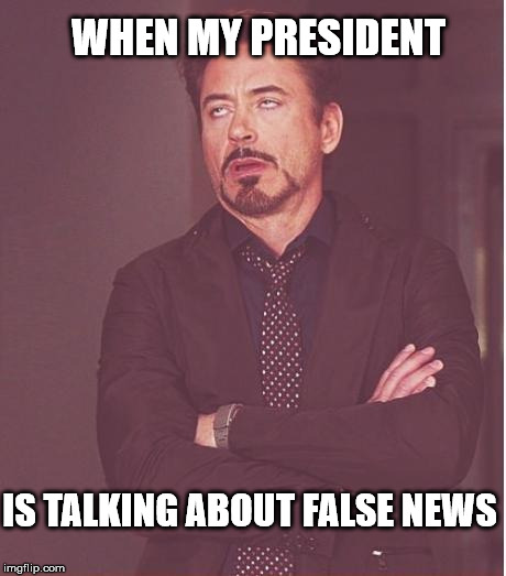 Face You Make Robert Downey Jr | WHEN MY PRESIDENT; IS TALKING ABOUT FALSE NEWS | image tagged in memes,face you make robert downey jr | made w/ Imgflip meme maker