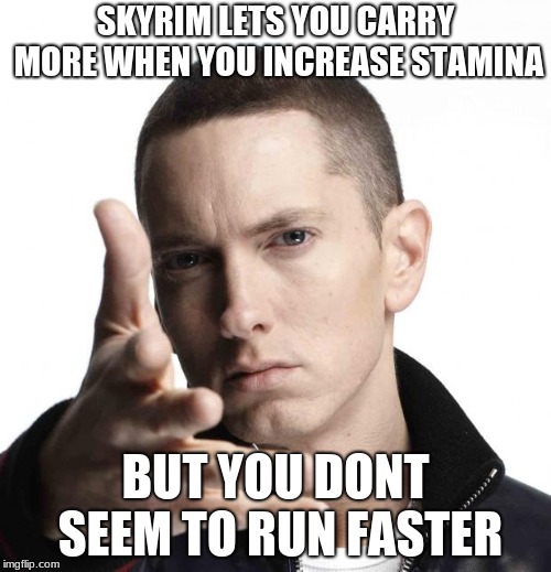 umm..... bethesda? | SKYRIM LETS YOU CARRY MORE WHEN YOU INCREASE STAMINA; BUT YOU DONT SEEM TO RUN FASTER | image tagged in eminem video game logic,meme,skyrim,video games | made w/ Imgflip meme maker
