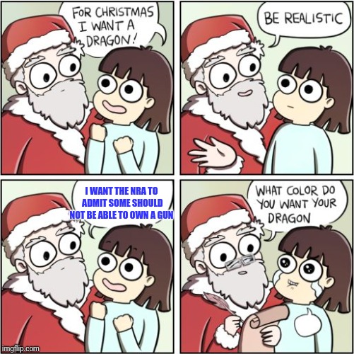For Christmas I Want a Dragon | I WANT THE NRA TO ADMIT SOME SHOULD NOT BE ABLE TO OWN A GUN | image tagged in for christmas i want a dragon | made w/ Imgflip meme maker