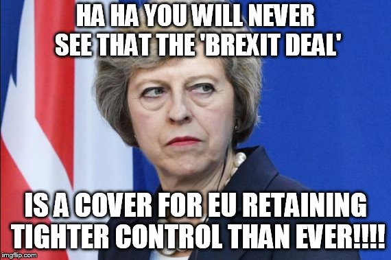 Brexit Deal | HA HA YOU WILL NEVER SEE THAT THE 'BREXIT DEAL'; IS A COVER FOR EU RETAINING TIGHTER CONTROL THAN EVER!!!! | image tagged in brexit,theresa may | made w/ Imgflip meme maker