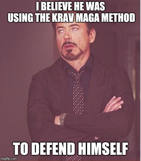 Face You Make Robert Downey Jr Meme | I BELIEVE HE WAS USING THE KRAV MAGA METHOD TO DEFEND HIMSELF | image tagged in memes,face you make robert downey jr | made w/ Imgflip meme maker